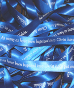 5/8" Baptismal Hymn Ribbon - White on blue